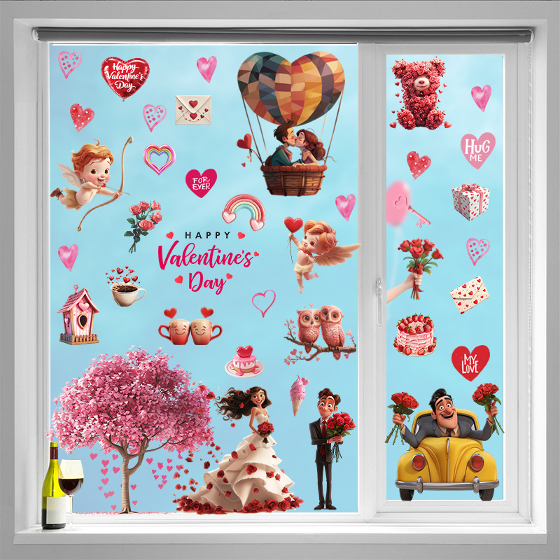 新款情人节窗贴爱情树卡车橱窗装饰品 卡通pvc静电贴纸玻璃贴定制