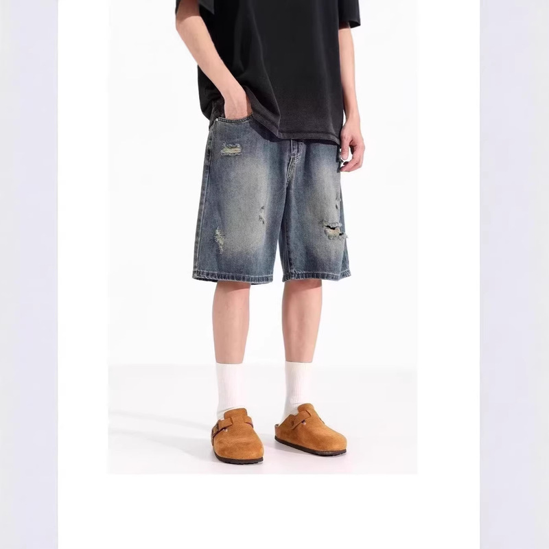 Ripped Distressed Straight-Leg Denim Shorts for Men, 2026 Summer New American Style Trendy Loose Wide-Leg Five-Point Pants