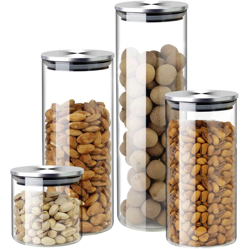 Botella de almacenamiento de tarro sellado de vidrio cubierta de acero inoxidable tarro de sal snack granos Té Miel condimento botella de condimento
