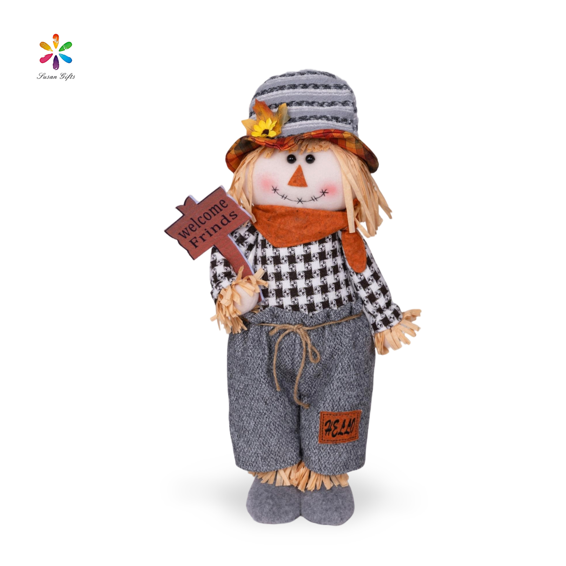 秋收节感恩节稻草人黑白格子衣服灰裤子可爱丰收日装饰品迎宾摆件