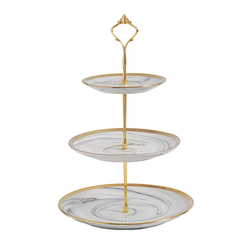 Estilo europeo de tres capas de cerámica marmolado plato de fruta té de la tarde ins estilo pastel banquete de boda bandeja de postre