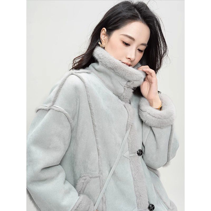小个子毛毛拼接设计感加厚机车服女冬季新款宽松休闲立领蓝色外套|undefined