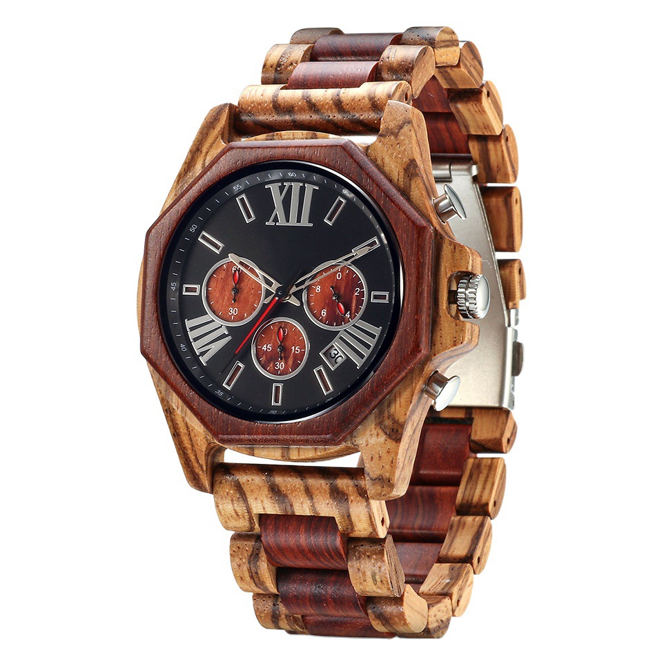 Reloj de cuarzo de madera de sándalo multifuncional creativo, el más vendido en el sitio independiente de Amazon, reloj de madera para hombre con esfera grande
