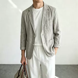 老钱风春秋新款100%亚麻男士西装休闲纯色轻商务休闲上衣长袖单西