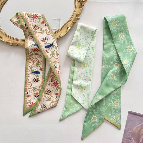 French retro green silk scarf with high fashion hair tie, hair bundle, flowing ribbon, elegant and versatile, matches with shirts and tie decorations