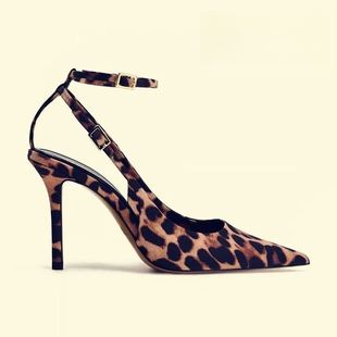 Leopard Print High Heels, Professional Toe-Toe Back Strap Mule Shoes, 2025 Spring and Summer New Pointed Toe Stiletto Sandals