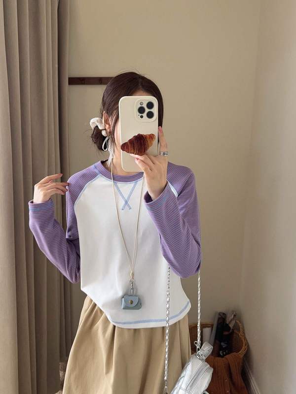 安宥真同款韩代撞色拼接条纹打底衫女秋季新款休闲显瘦长袖T恤|undefined
