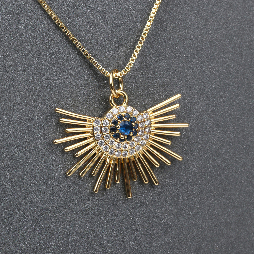 new fan-shaped devilu0027s eye diamond blue eye copper gold-plated box necklace