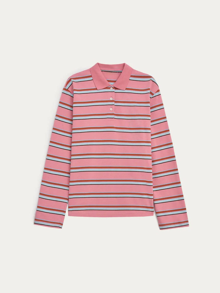Áo thun nữ sọc dài tay cổ polo dáng rộng phong cách retro — hồng, màu nâu, nâu sẫm, quần kaki chi tiết 41