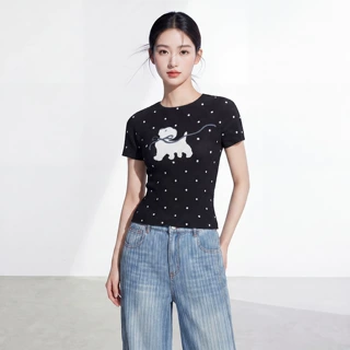 三宅气质上衣女高级感夏2026新款黑色圆领波点显瘦百搭短袖T恤衫