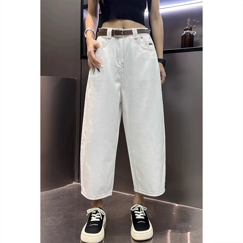 White Wide Leg Jeans Women's Spring and Summer New Banana Pants Radish Pants plus size chubby girl Eight-point Pants Slimming Dad Pants