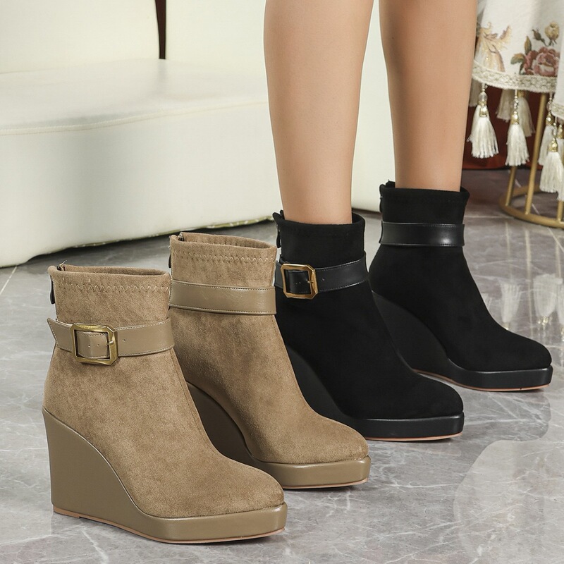 Cross-Border New Style Short Boots, Amazon Best-Selling Casual Wedge Martin Boots, Thick-Soled High-Heeled Pointed-Toe Women's Shoes with Back Zipper Cross-Border New Style Short Boots, Amazon Best-Selling Casual Wedge Martin Boots, Thick-Soled High-Heeled Pointed-Toe Women's Shoes with Back Zipper
