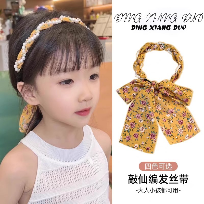 Niños super inmortal tejido bufandas de seda flotantes flores flotantes un cabello de cola de caballo atar cinta de cabello cabeza de cuerda de perla cabeza de cuerda de cabello