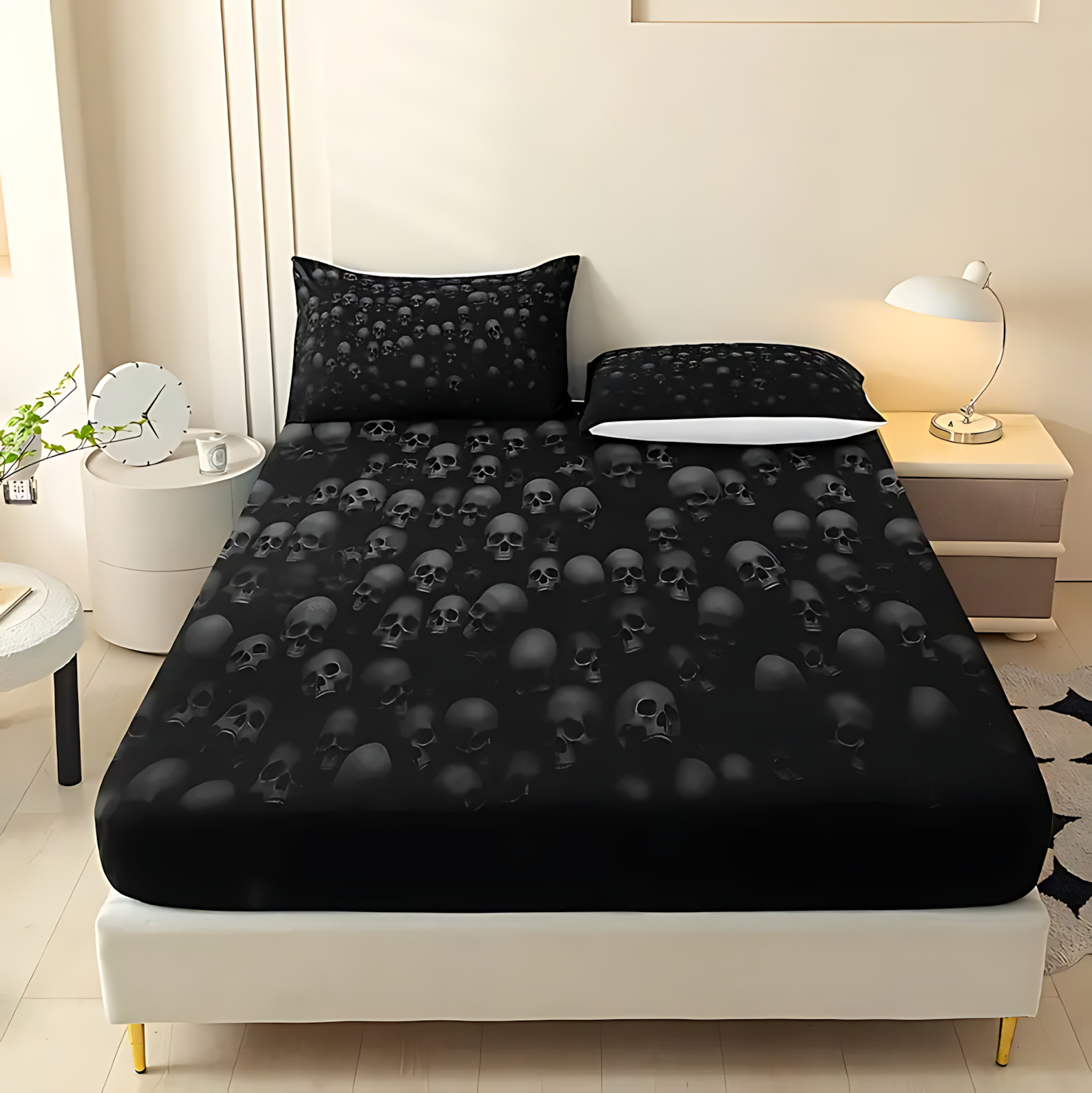 TEMU / JIT serie de esqueleto oscuro impresión digital de alta definición cama molida cama caseta colchón conjunto de ropa de cama