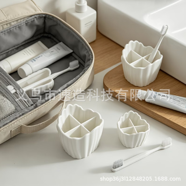 3D printed bow-trimmed seashell-shaped four-compartment toothbrush holder, bathroom toiletries, toothpaste, and makeup pen storage box
