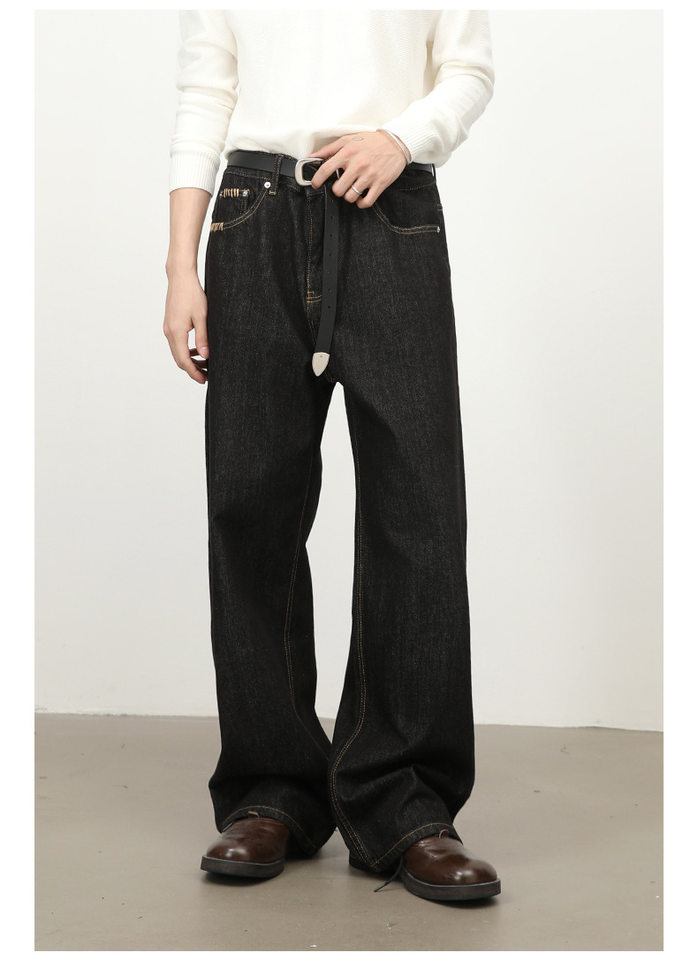 Quần jeans nam dáng rộng ống thẳng màu bò đen nguyên bản, túi thêu họa tiết, lưng giữa — Bò đen sống chi tiết 13