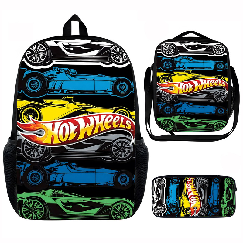 Hot Wheels Racing School Bag Lunch Bag Pen Bag Student Backpack Cartoon Backpack Children's Bag Three-Piece Set