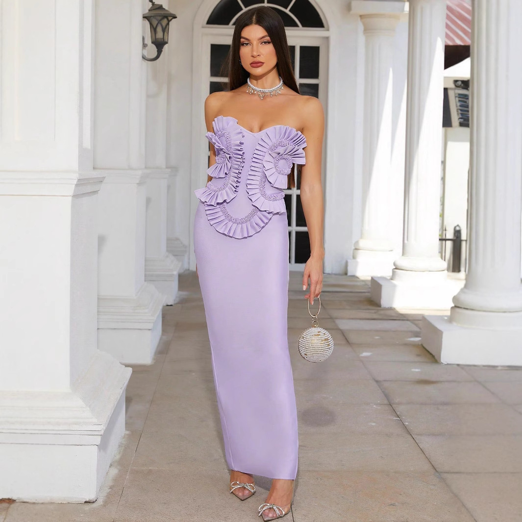 European and American Purple Tube Top Bandage Dress Fashionable Casual Gathered Patchwork Beaded Long Skirt Party Dinner Dress