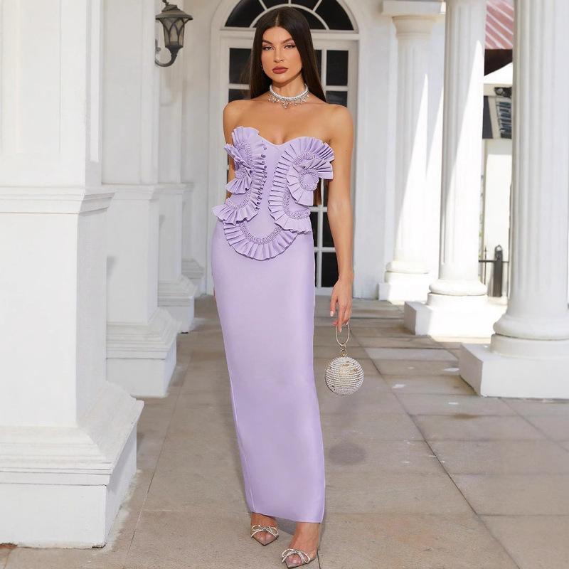 European and American Purple Tube Top Bandage Dress Fashionable Casual Gathered Patchwork Beaded Long Skirt Party Dinner Dress