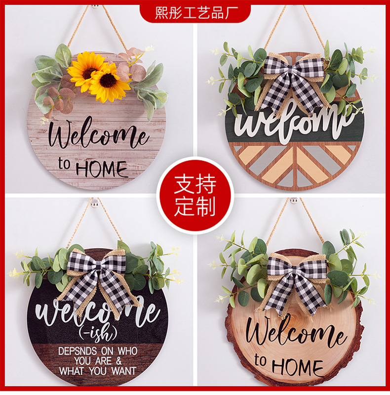 跨境木质门牌Welcome挂牌聚会圆形欢迎木制门前迎宾HOME蝴蝶结挂-阿里巴巴