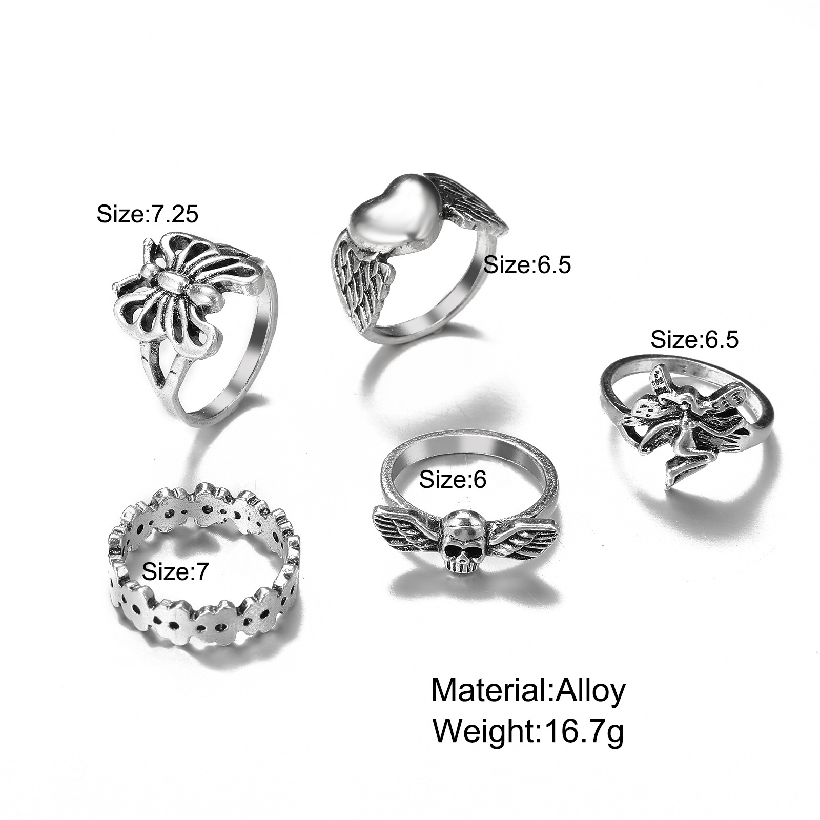 Retro Butterfly Heart Ring Set 9 Piece Set display picture 3