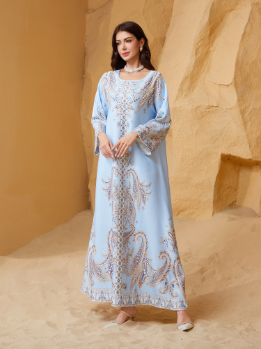 ZD011 Dubai ins Muslim women's robe beaded print dress round neck Abaya Middle Eastern style diamond