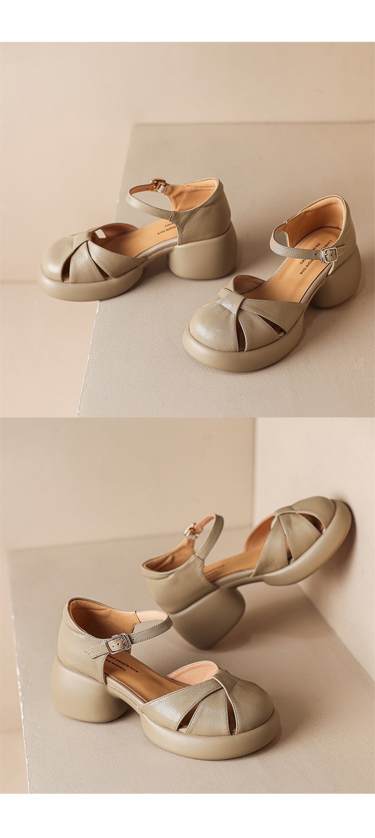 Sandal cao gót nữ quai ngang da cừu mũi nhọn đế dày — Màu be chi tiết 13