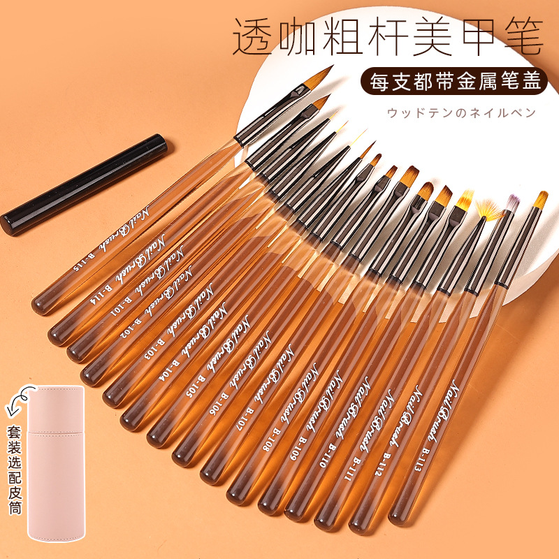En stock marrón gruesa varilla pluma de Arte de uñas conjunto completo traje 15 piezas de arte de uñas pluma de fototerapia pluma de exploración en flor pluma pintada con tapa