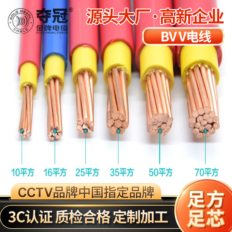 工厂定制金牌夺冠电缆 1.5 2.5 4 6 10平方BVV铜芯家装工程电线