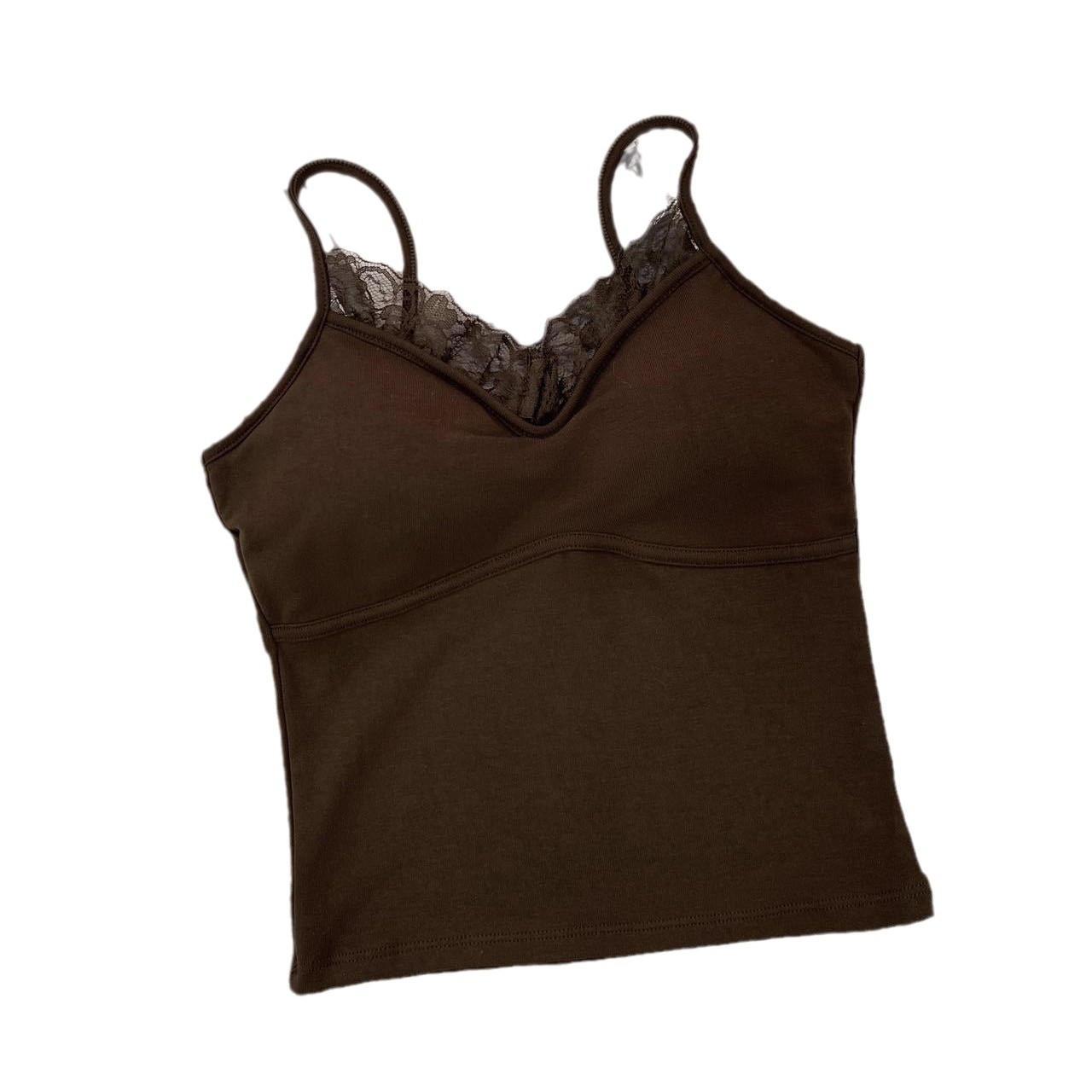 Modieuze geribbelde katoenen camisole met fleecevoering, kanten afwerking en ingebouwde bh, een afslankend basisstuk om in laagjes te dragen._voghion.com