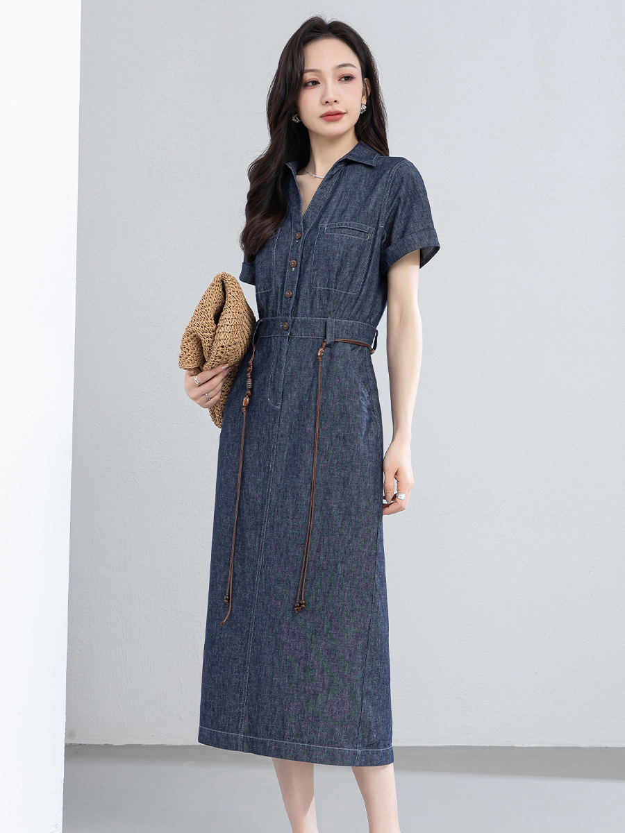 Đầm maxi nữ thắt eo tay ngắn chất liệu cotton pha linen phong cách Pháp — Xanh da trờicolor