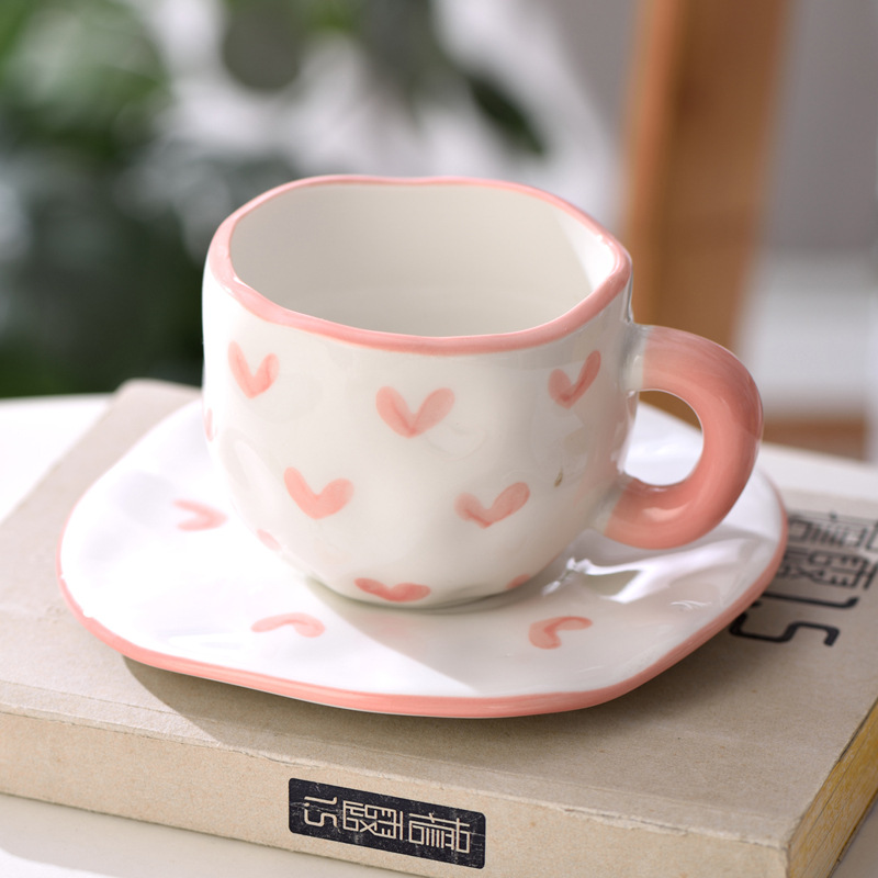 Creativo adorable ins amor cerámica taza de leche taza de café plato conjunto de taza de flores mano taza