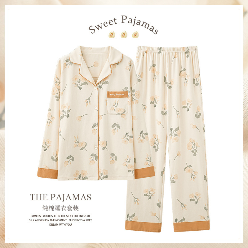 Pijamas traje de algodón puro Mujer % primavera y otoño verano manga larga dulce REDUCCIÓN DE EDAD homewear al aire libre