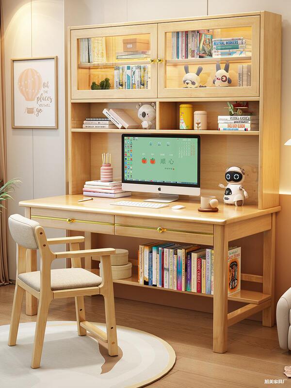 Desktop Computer Table Simple Solid Wood Desk Bookshelf with Glass Door Integrated Combination Study Table High School Student Writing Desk