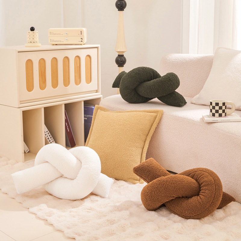 Almohada de peluche estilo Instagram de moda, linda almohada larga, almohada retorcible para sofá de sala de estar, cojín de dormitorio, almohada anudada.