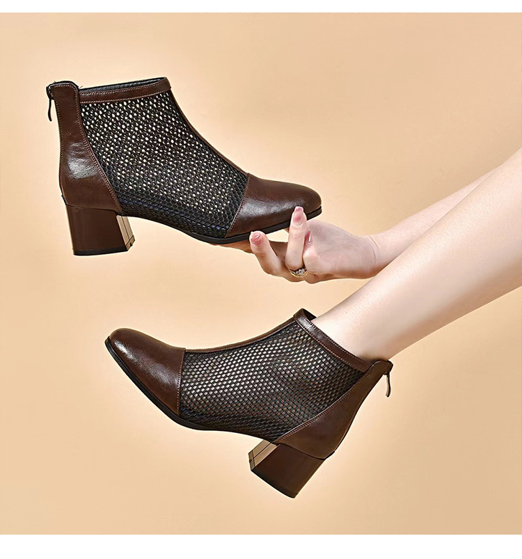 Sandal bít mũi gót cao vừa phong cách La Mã đế dày lưới da thật cho nữ — Màu đen Cashmere chi tiết 12