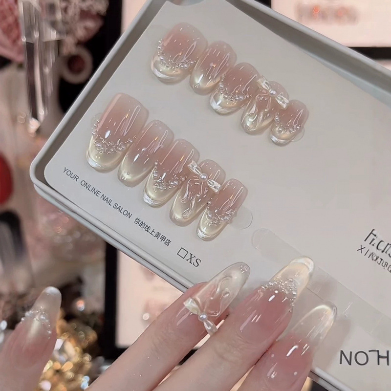 【Milk Mist Butterfly Charm】Handmade Wearable Nails with Luxurious Bowknot, High-Grade Whitening Wearable Nail Stickers 【Milk Mist Butterfly Charm】Handmade Wearable Nails with Luxurious Bowknot, High-Grade Whitening Wearable Nail Stickers