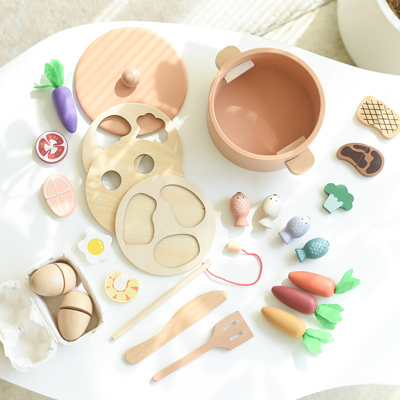 Niños de madera simulación de cocina casera cocina juego de cocina padres-hijos pescar verduras juguetes interactivos multifuncionales