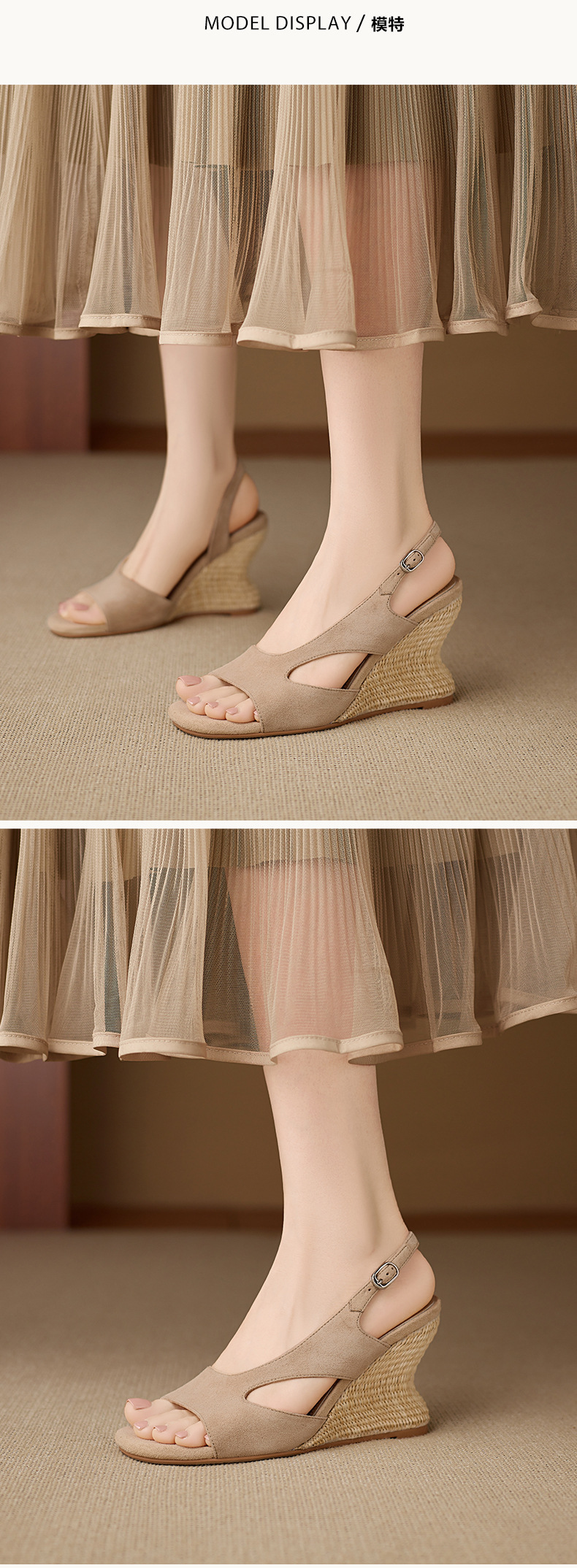 Sandal cao gót nữ mũi nhọn hở ngón, gót nêm đan rơm 8 cm, quai hậu buộc dây — xanh lam, màu mơ chi tiết 4