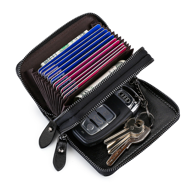 Nuevo cuero genuino multi-funcional clave caso de doble capa de la cremallera cubierta inferior anti-perdida cambio titular de la tarjeta de vaca coche clave caso