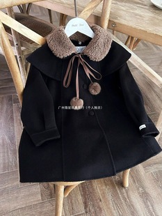 South Korea Children's Wear 2023 Fall/Winter New Black Detachable Lapel Woolen Coat Children's Western Style Thickened Woolen Coat