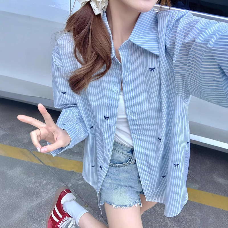Blue Striped Long-sleeved Shirt Women's Spring and Autumn Thin Niche Design Sense Loose Hong Kong Style Chic Sunscreen Jacket Trendy