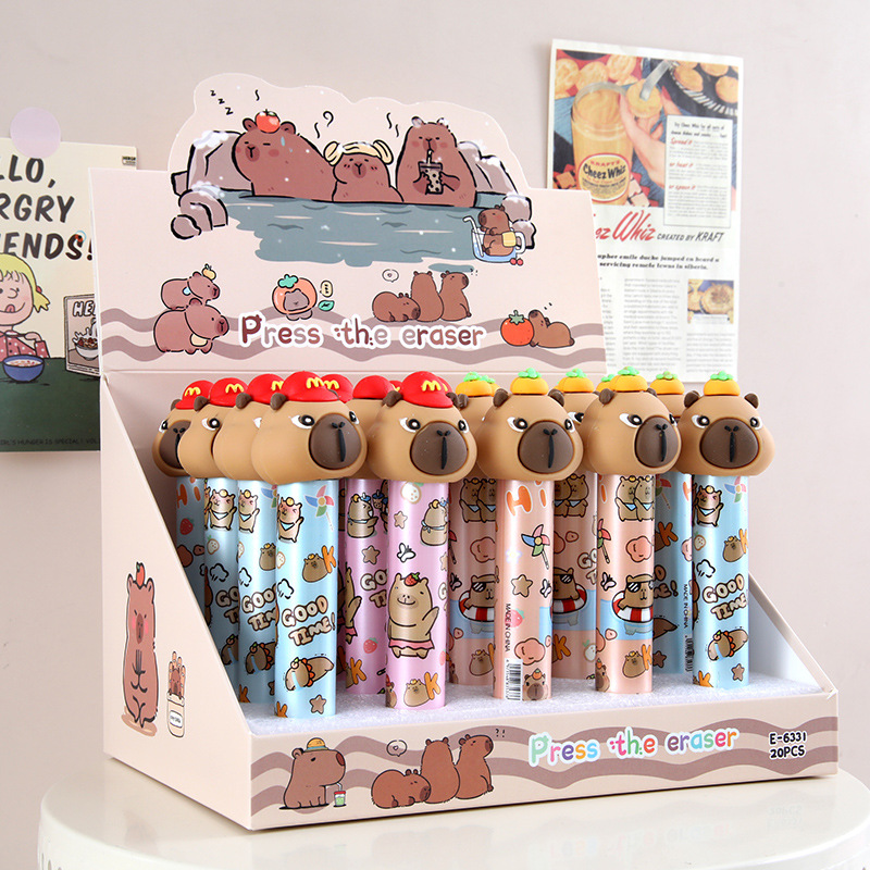 6331 carpi conejillo de indias borradora de dibujos animados pulsar caja de alto valor de la cara tipo bolígrafo borradora de empuje