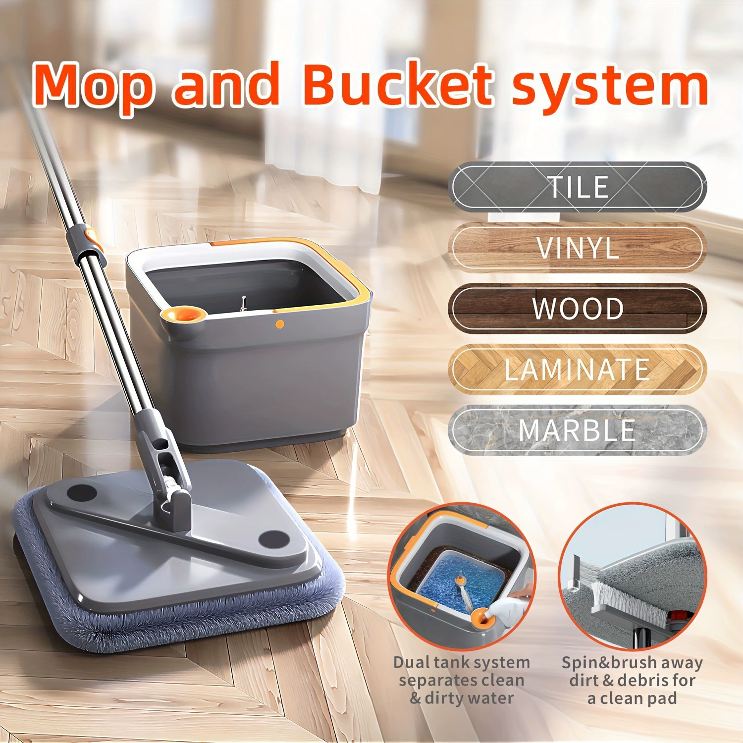 Spin Mop Bucket Set, self-separating dirty-water system, microfiber pads 6/10 pcs