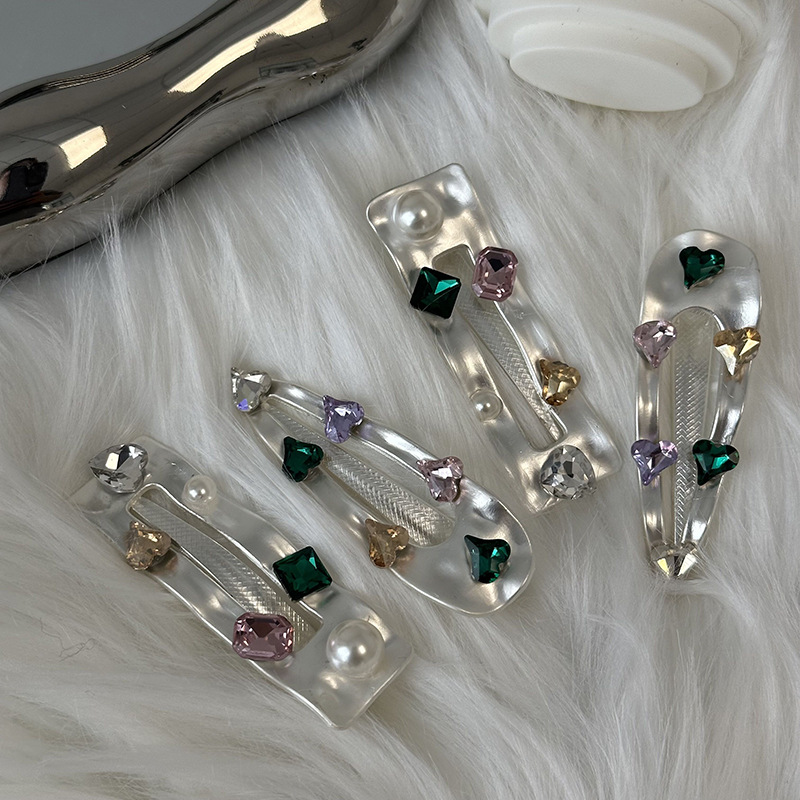 Kleurrijke edelsteen retro elegante zilveren legering Parel Strass eendenbek clip haarspeld meisje Hart zij pony clip_voghion.com