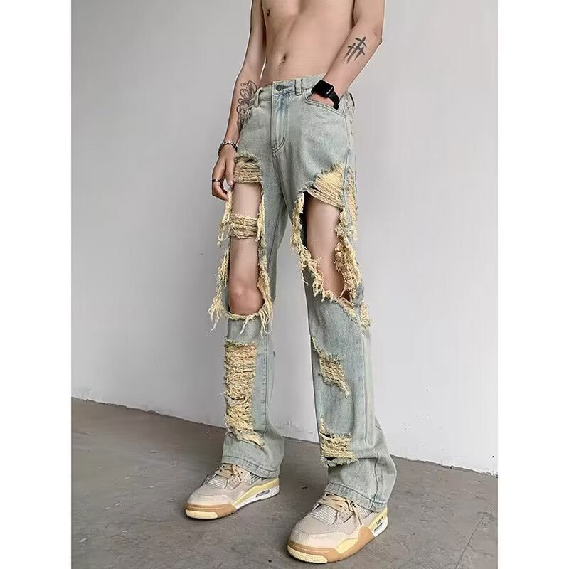 boy Beggar Super Ripped Jeans For Men Summer Thin Hip-Hop Trey Bra High Street Vibe European A American Long Pants_viptrois.com