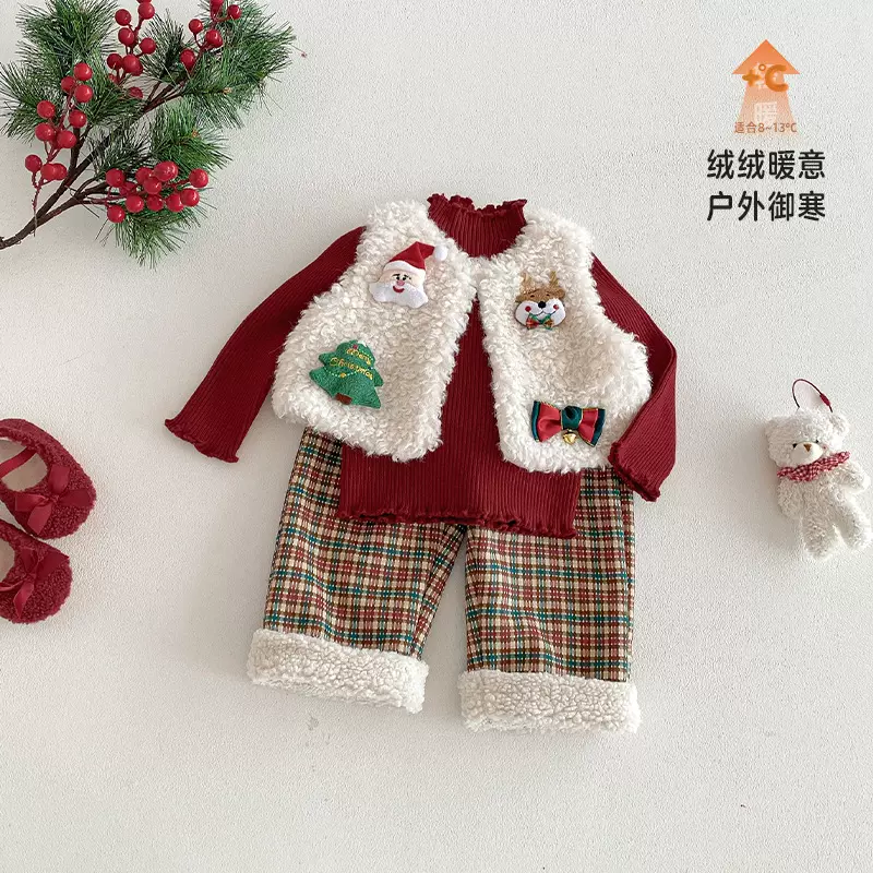 儿童毛毛马甲2025新款冬季男童卡通圣诞节加绒上衣宝宝加厚冬装潮