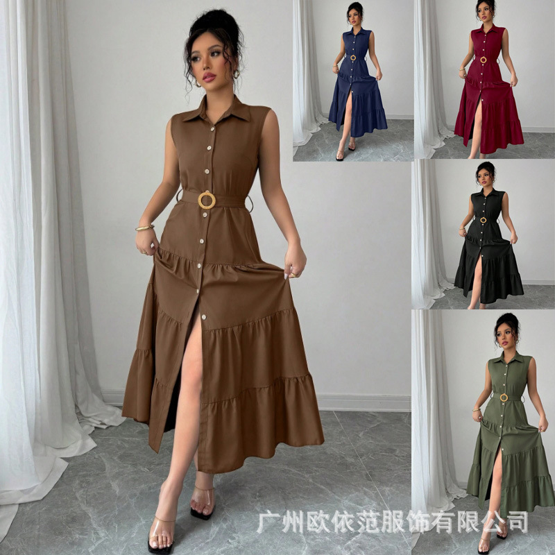 European and American Style Independent Brand Lapel Sleeveless Dress, Waist-Cinching Ruffle Slit Long Dress, Work and Vacation Style Dress