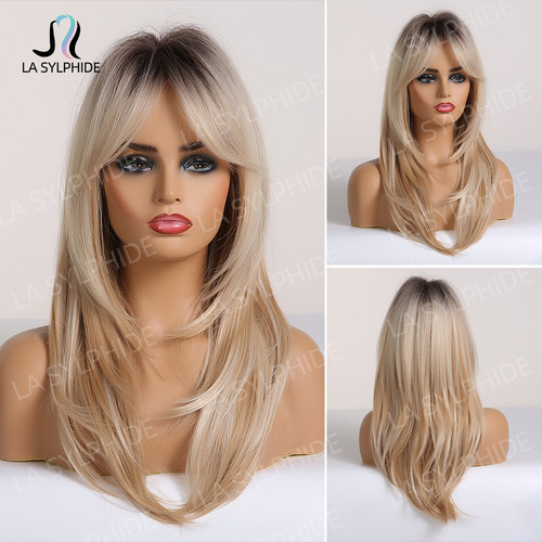 Eight-character bangs, medium-long textured straight hair, Wigs, European and American intellectual wigs for women, machine-made golden chemical fiber headgear