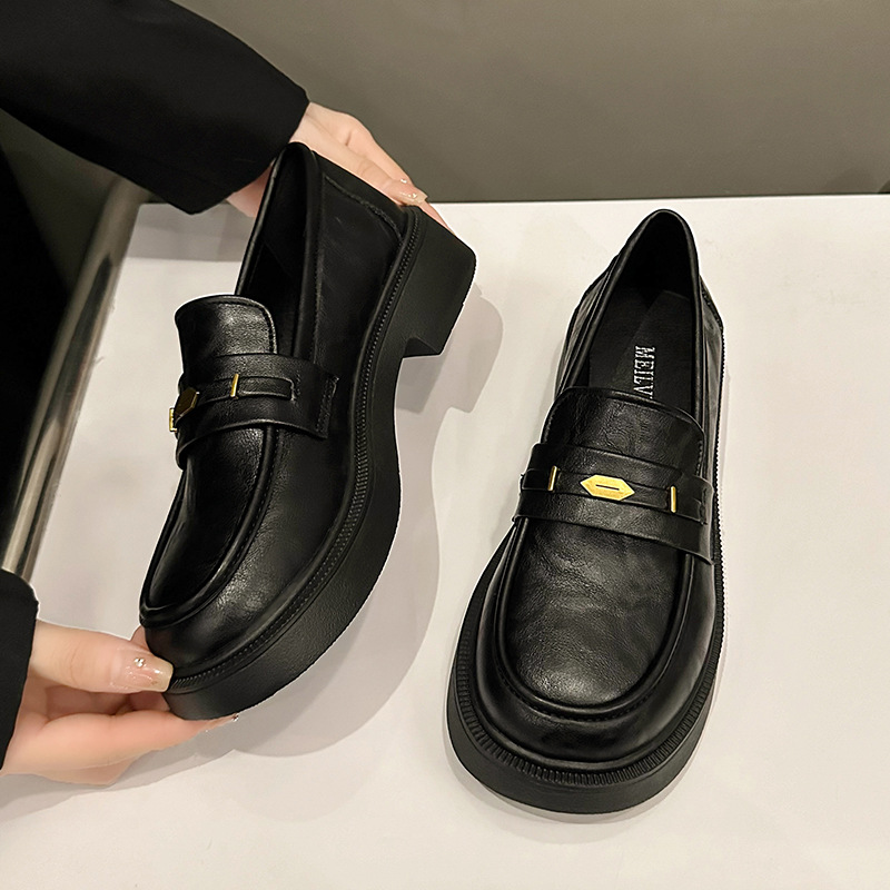 Women's Thick-soled Loafers Retro Style Round-toe Leather Shoes_voghion.com